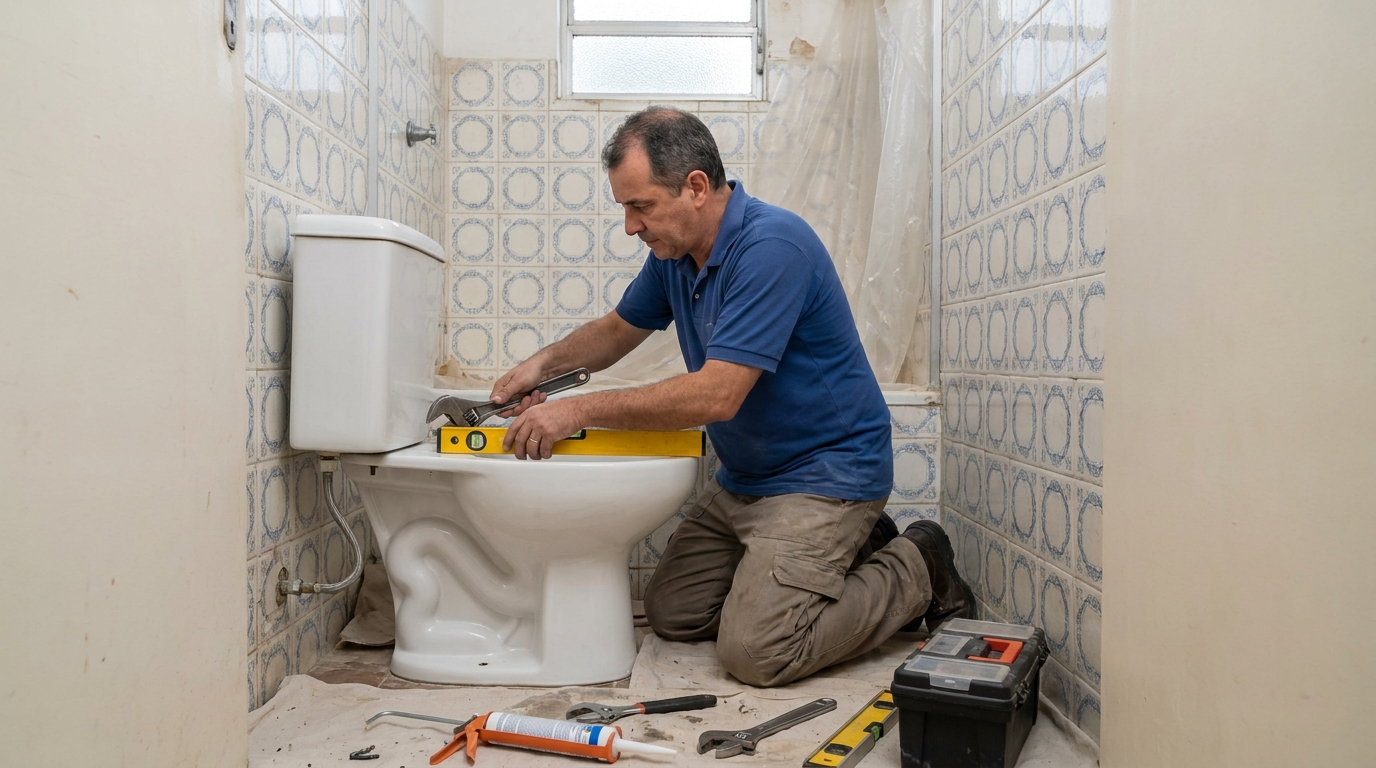 Técnico montando caixa acoplada no Residencial Chácaras São José, Limeira‑SP